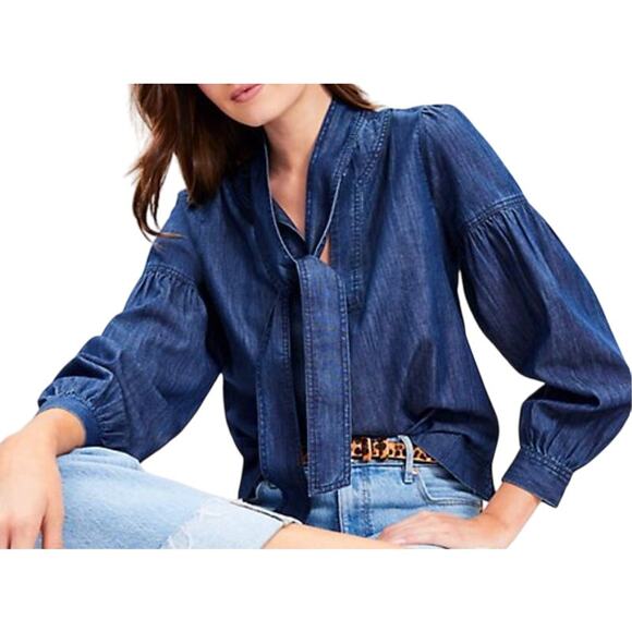 Ann Taylor LOFT Blue Denim Chambray Tie Neck Blouson Sleeve Blouse- L - Picture 2 of 8
